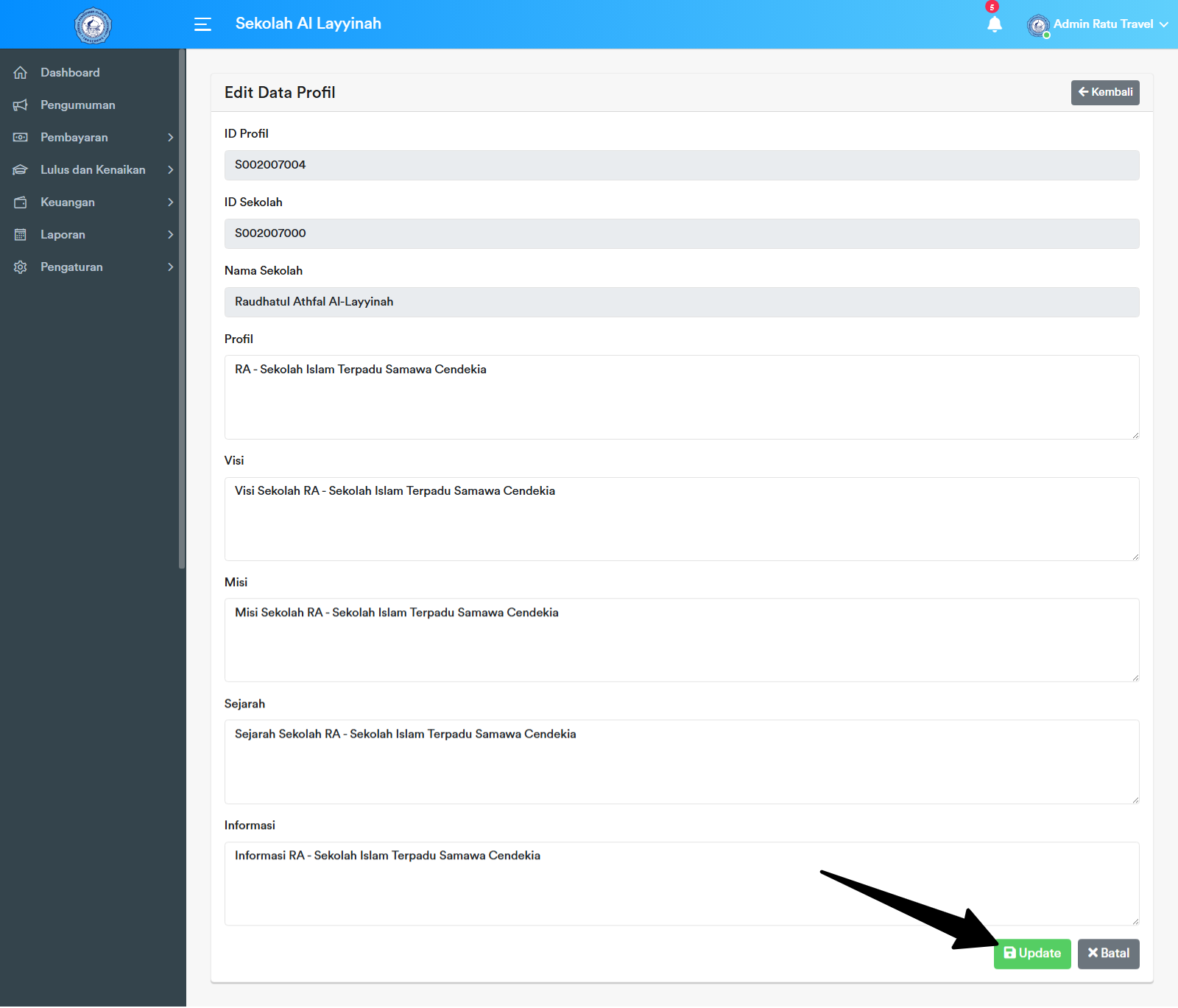 Tombol Update Profil